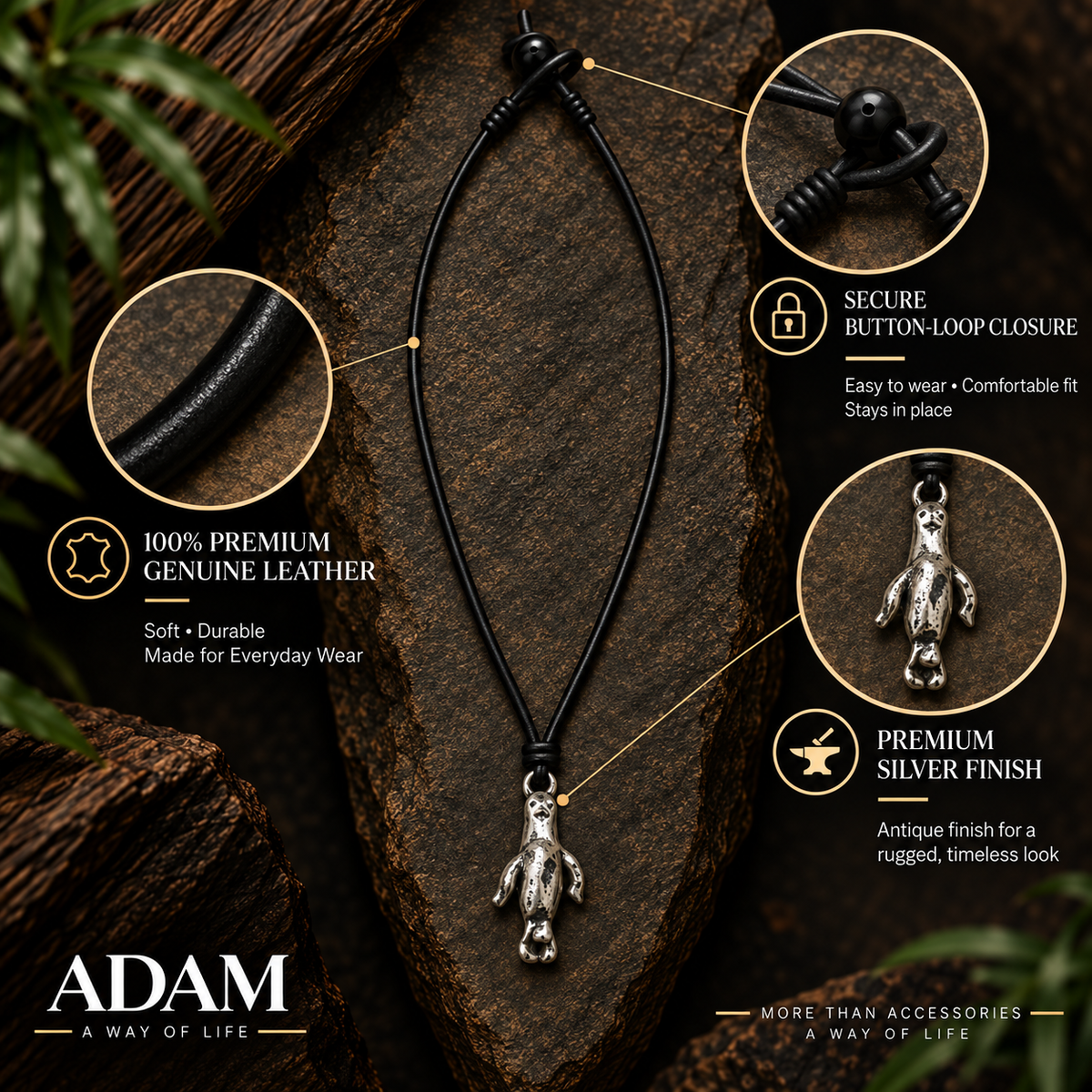 Penguin Pendant Leather Necklace for Men