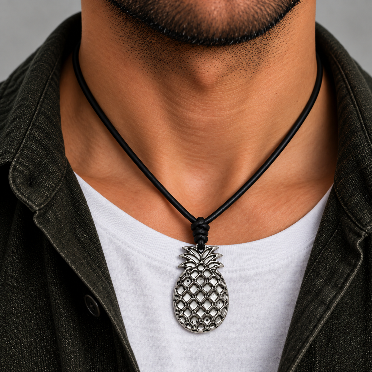 Pineapple Pendant Leather Necklace for Men
