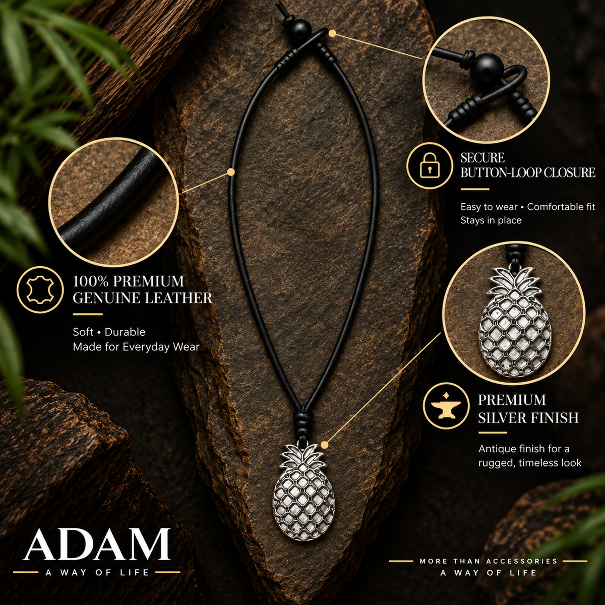 Pineapple Pendant Leather Necklace for Men