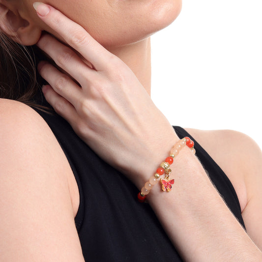 Red Butterfly Charm Beaded Stretch Bracelet