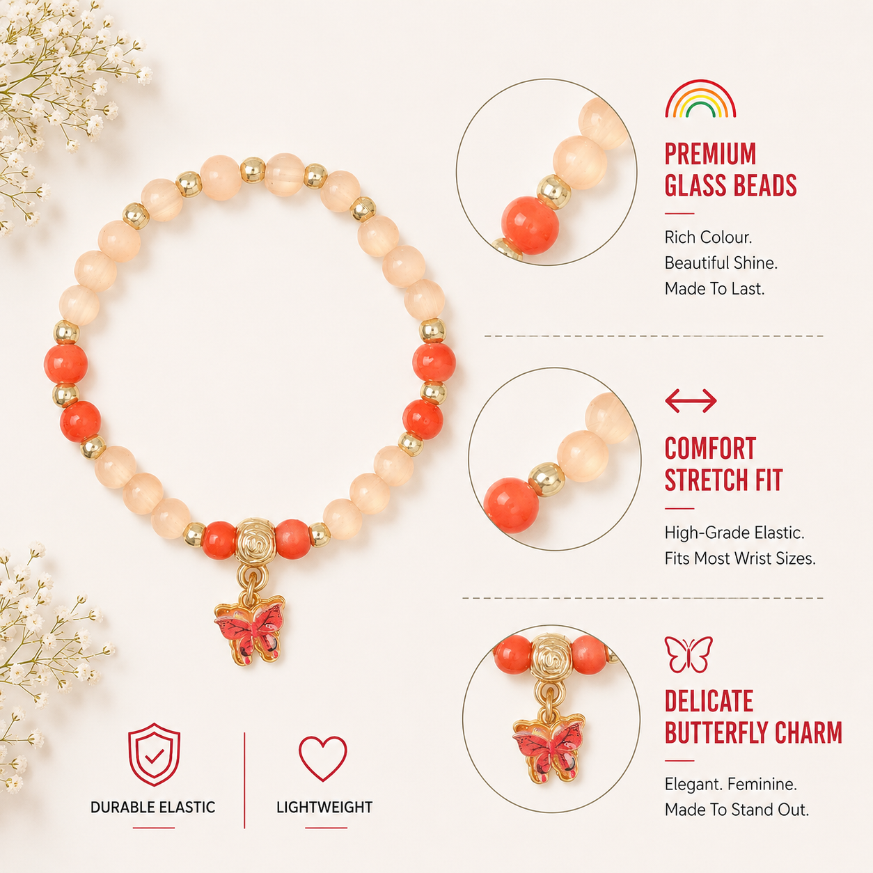 Red Butterfly Charm Beaded Stretch Bracelet
