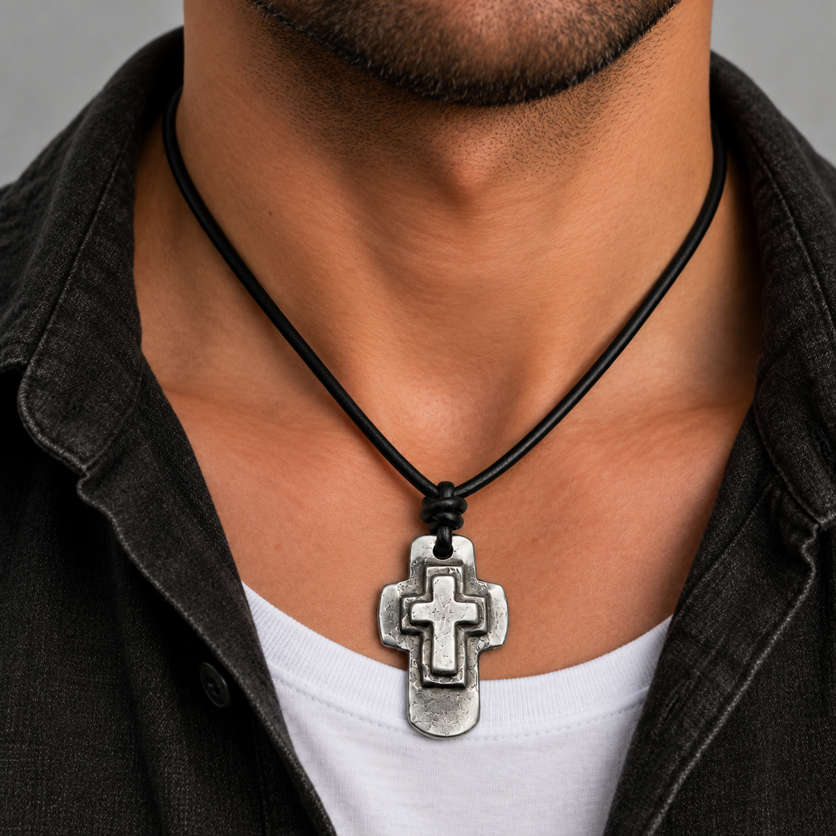 Religious Cross Pendant Leather Necklace for Men