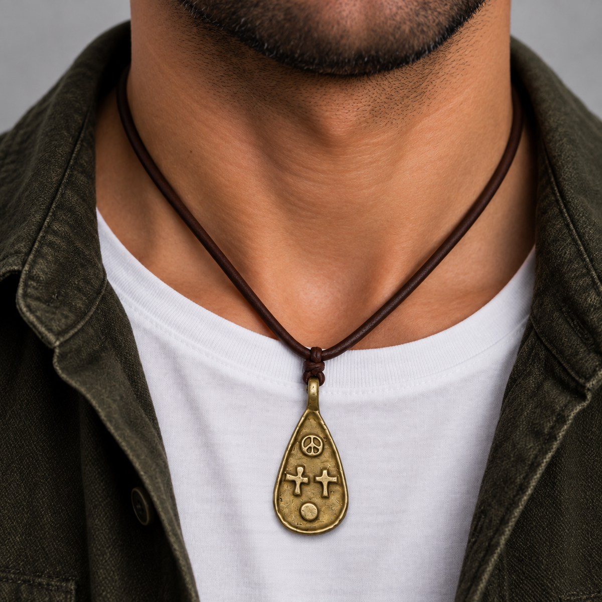 Religious Teardrop Pendant Leather Necklace for Men