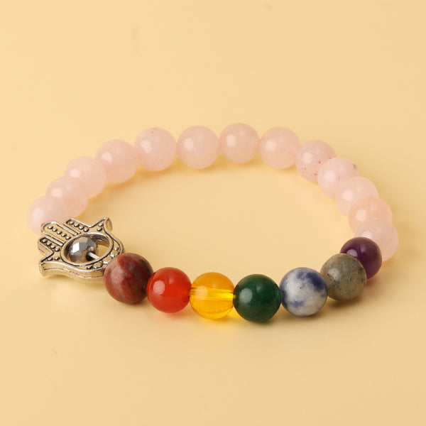 Rose Quartz 7 Chakra Hamsa Natural Stone Bracelet