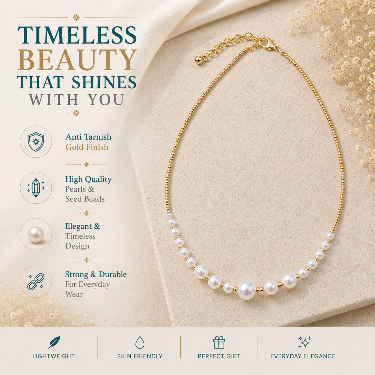 Round Pearl Necklace with Dainty Seed Beads