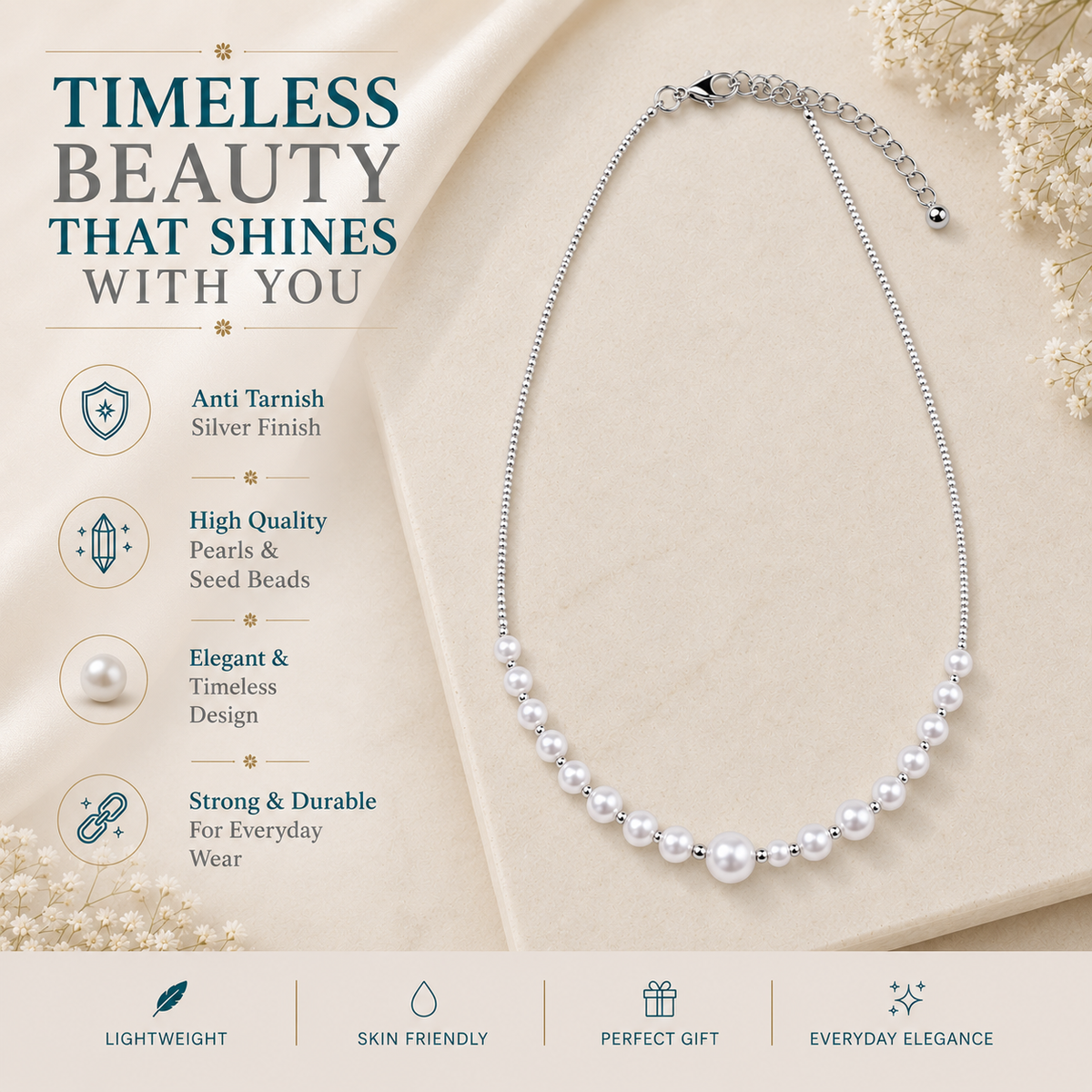 Round Pearl Necklace with Dainty Seed Beads