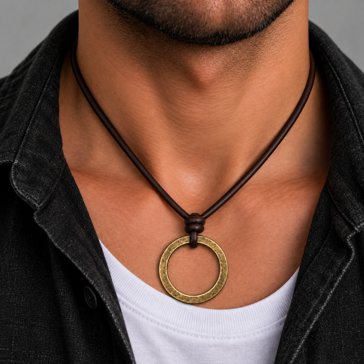 Round Ring Pendant Leather Necklace for Men