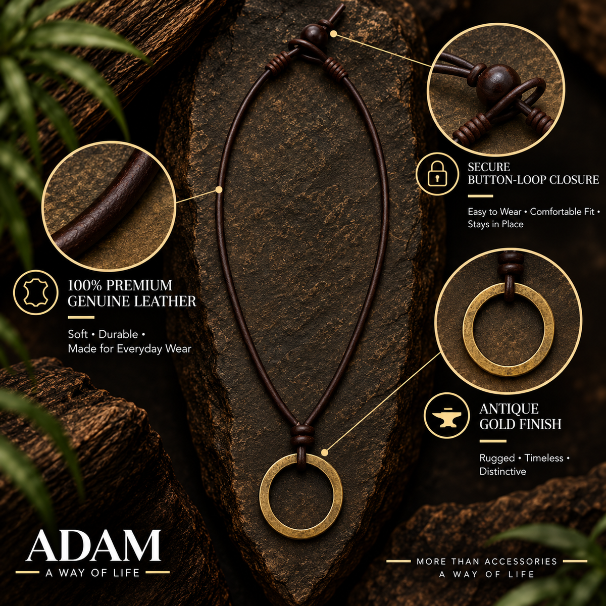 Round Ring Pendant Leather Necklace for Men