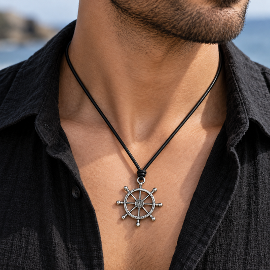 Ship Wheel Leather Necklace for Men