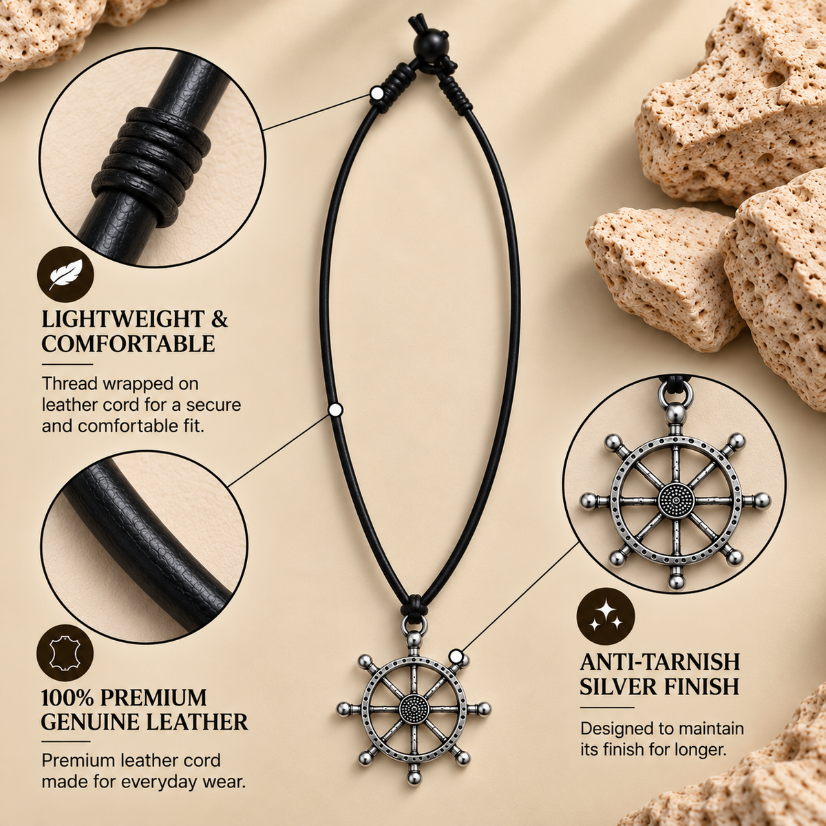 Ship Wheel Leather Necklace for Men