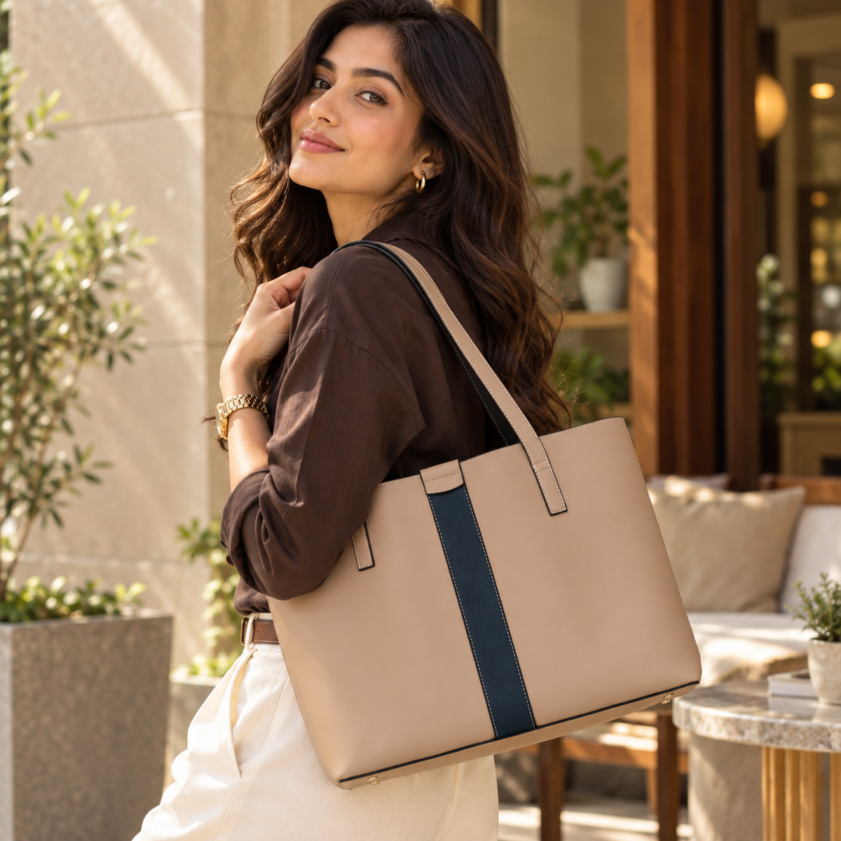 Signature Stripe Faux Leather Tote Bag