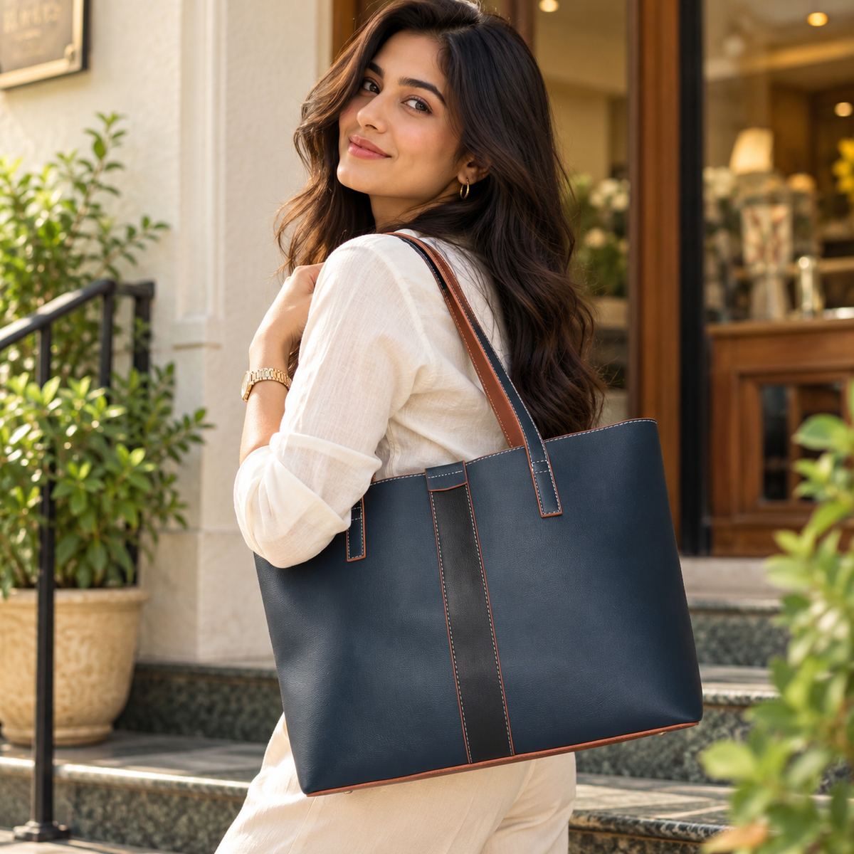 Signature Stripe Faux Leather Tote Bag