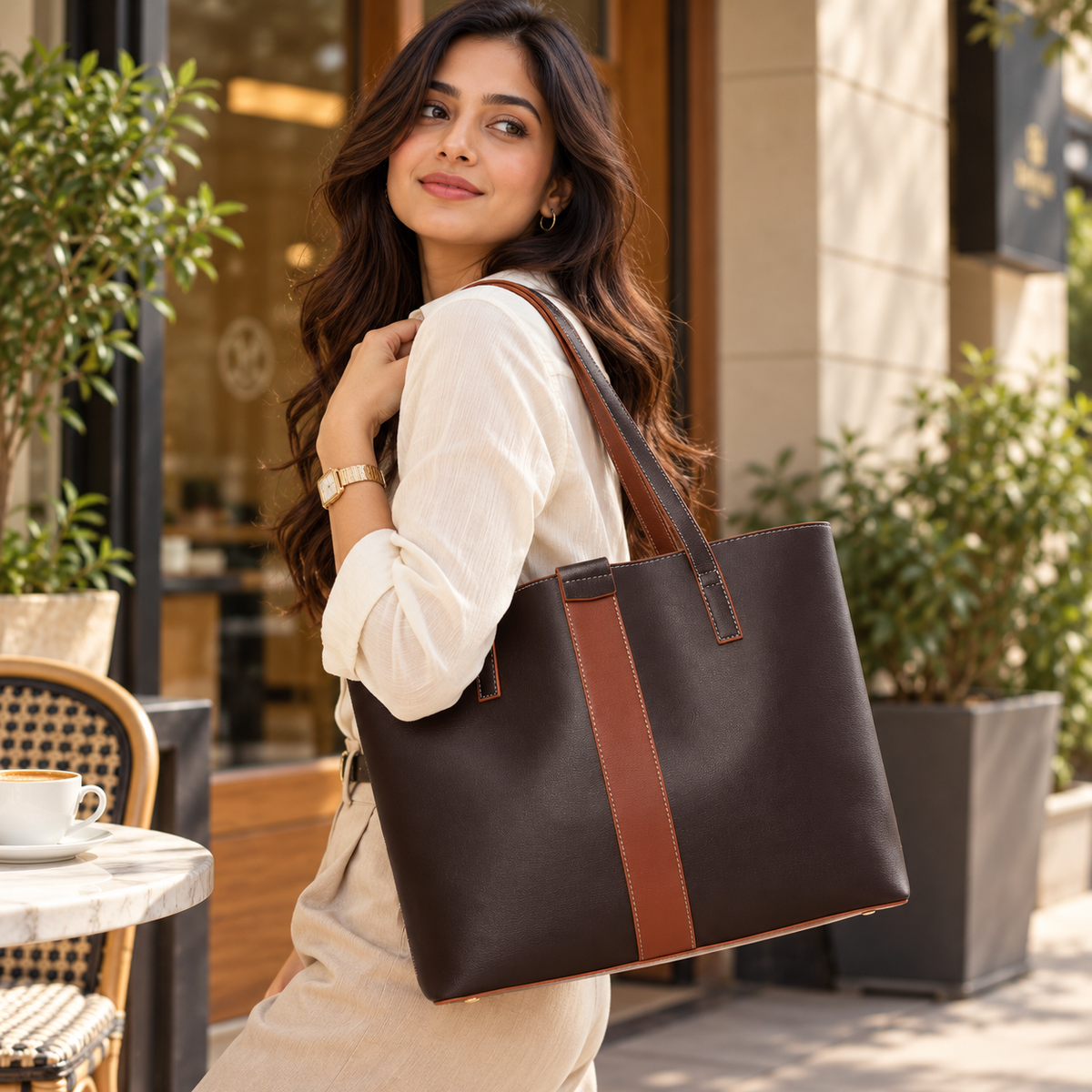 Signature Stripe Faux Leather Tote Bag