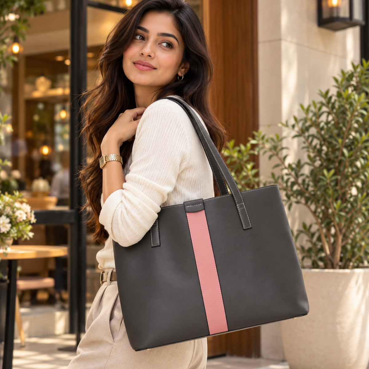 Signature Stripe Faux Leather Tote Bag