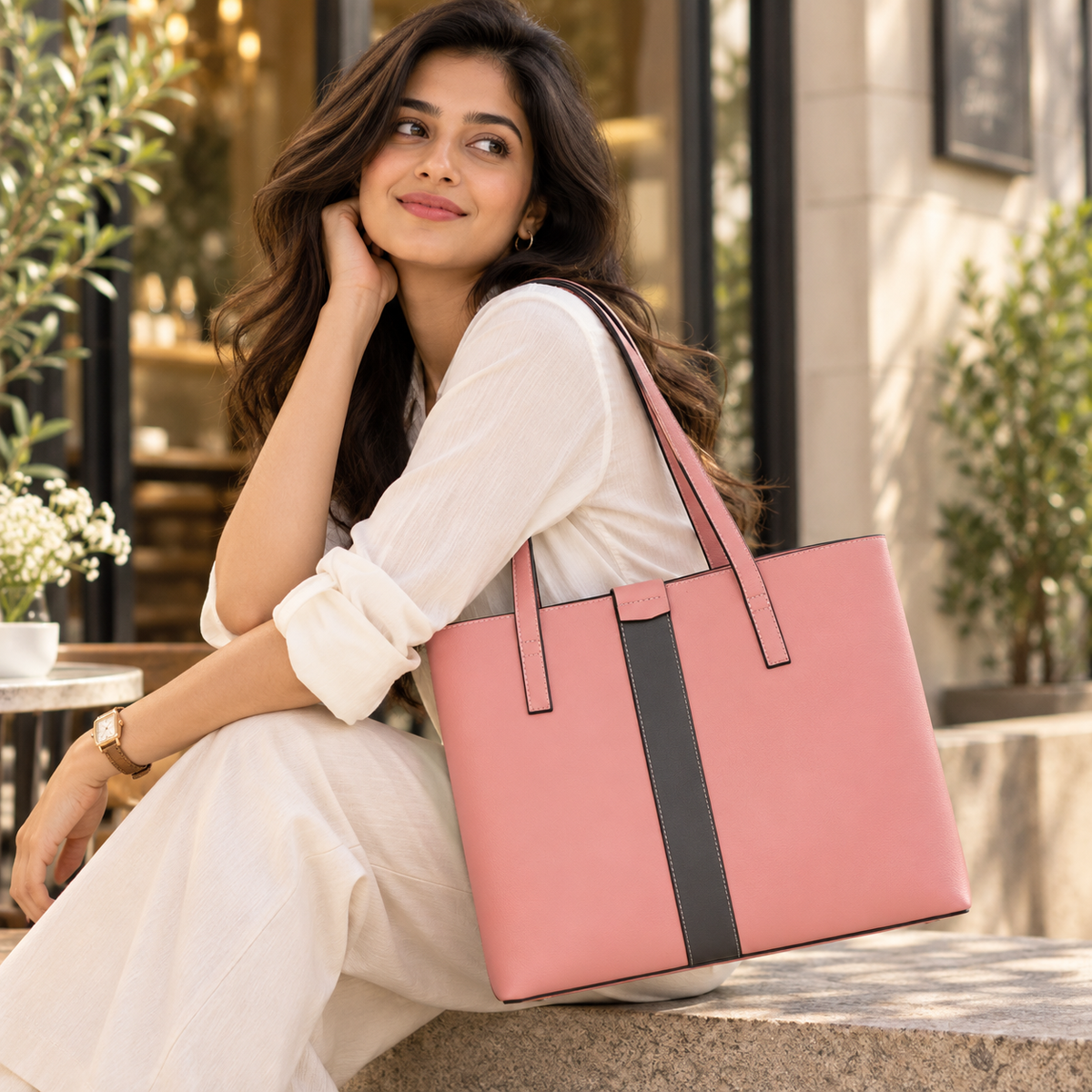 Signature Stripe Faux Leather Tote Bag