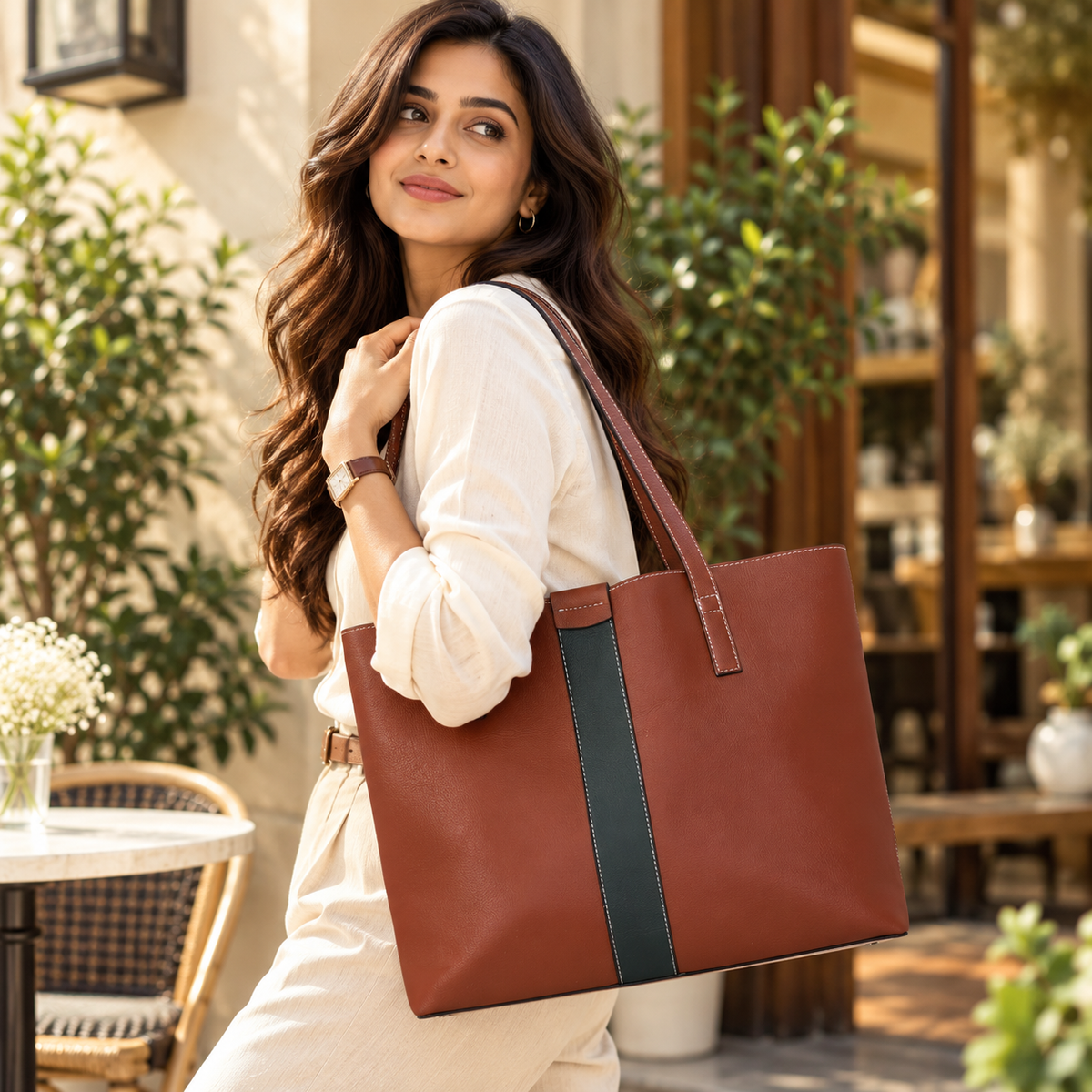 Signature Stripe Faux Leather Tote Bag