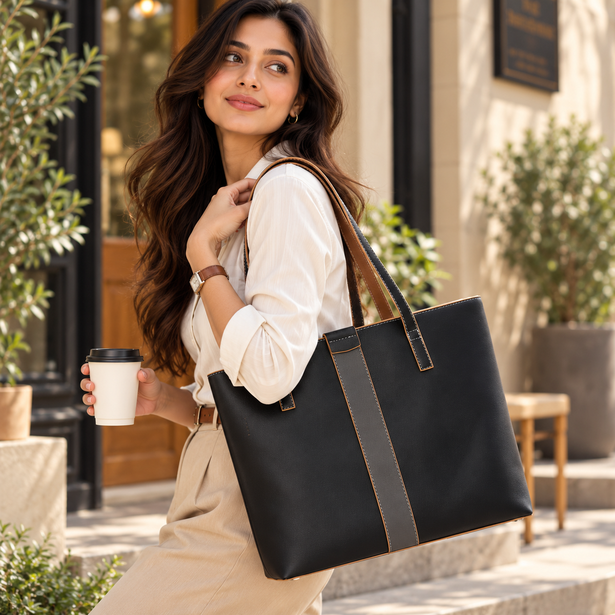 Signature Stripe Faux Leather Tote Bag