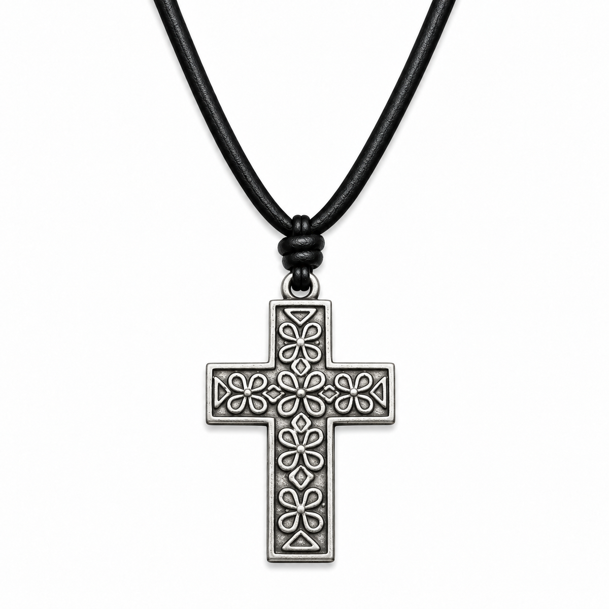 Silver Cross Pendant Leather Necklace for Men