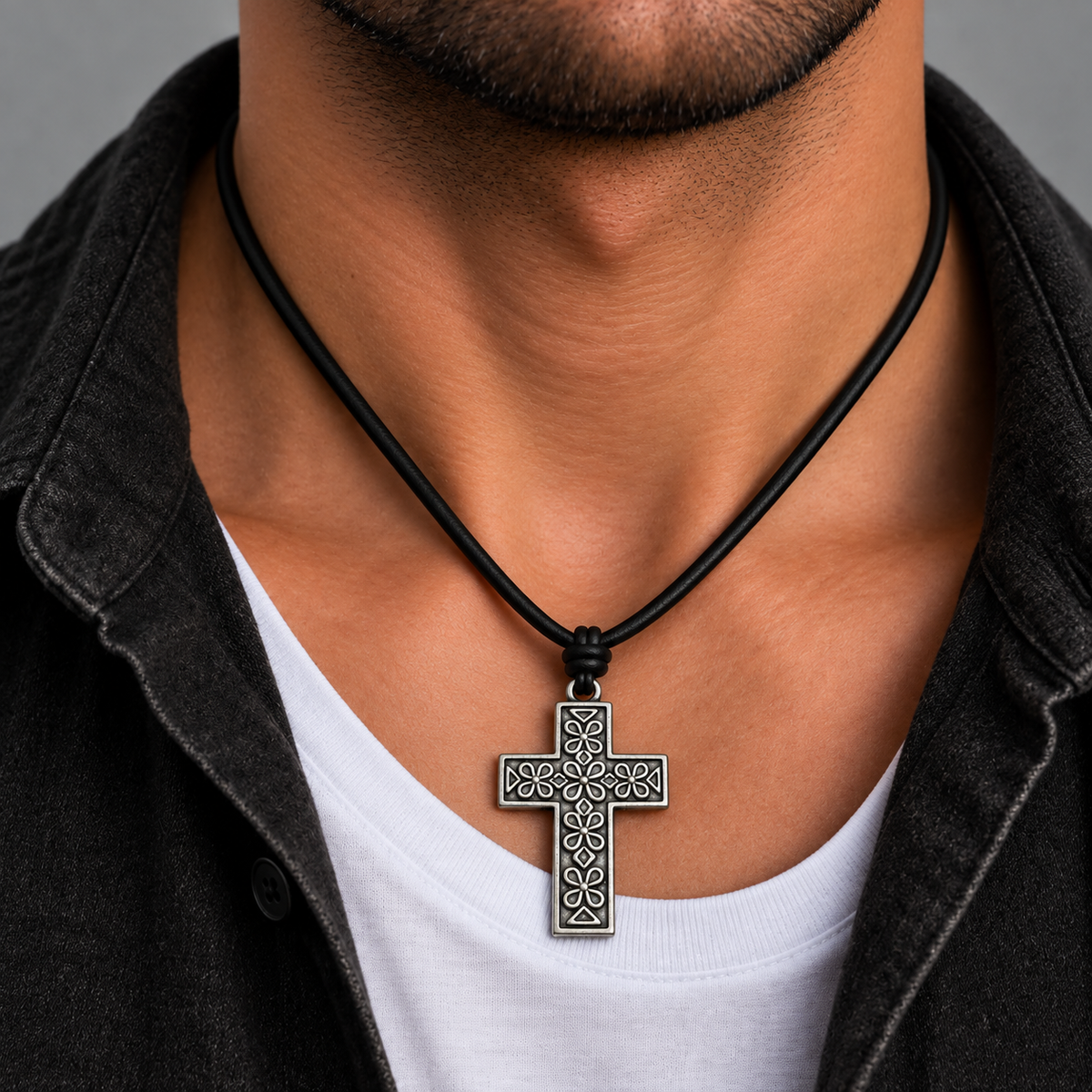 Silver Cross Pendant Leather Necklace for Men