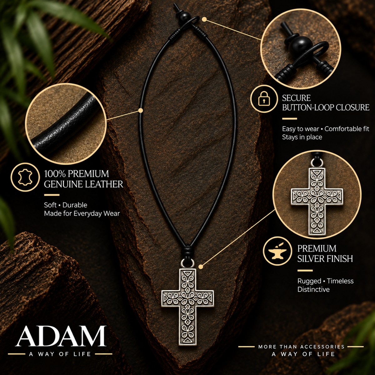 Silver Cross Pendant Leather Necklace for Men