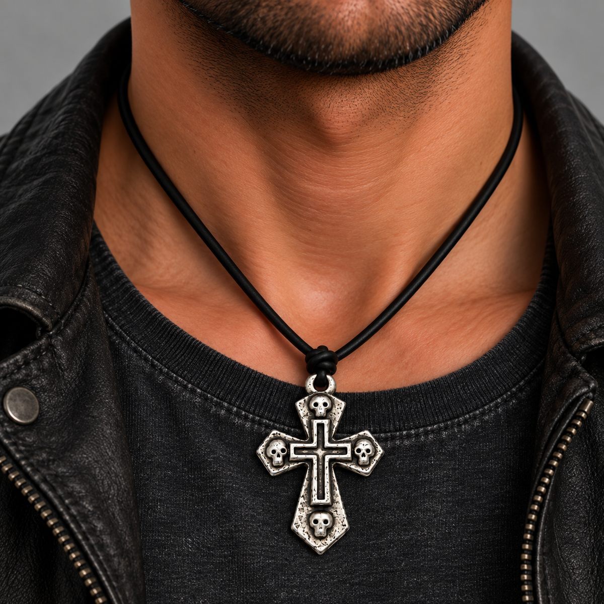 Skull Cross Pendant Leather Necklace for Men