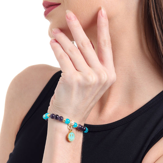 Smiley Charm Beaded Stretch Bracelet