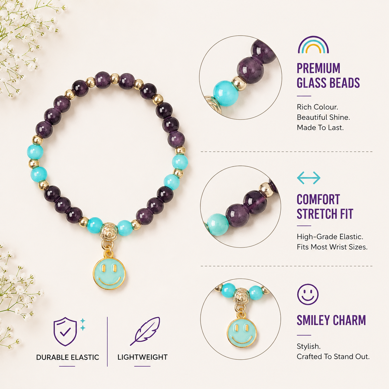 Smiley Charm Beaded Stretch Bracelet