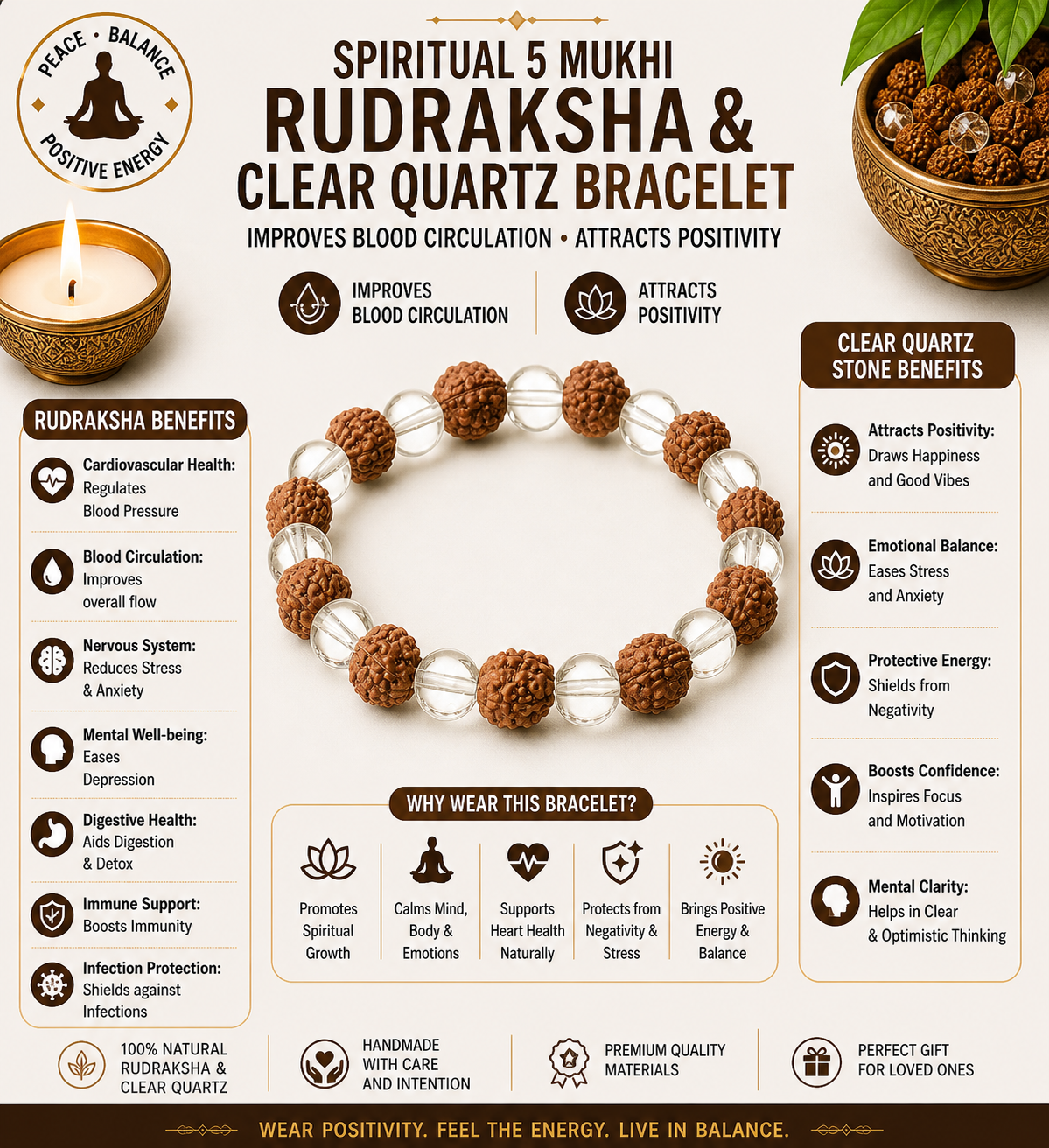 Spiritual 5 Mukhi Rudraksh & Clear Quartz Bracelet