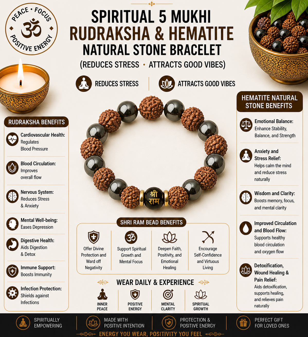 Spiritual 5 Mukhi Rudraksha & Hematite Natural Stone Bracelet