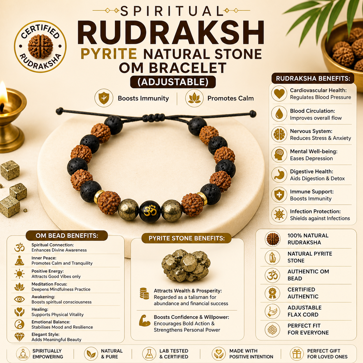 Spiritual Rudraksh Pyrite Natural Stone Om Bracelet