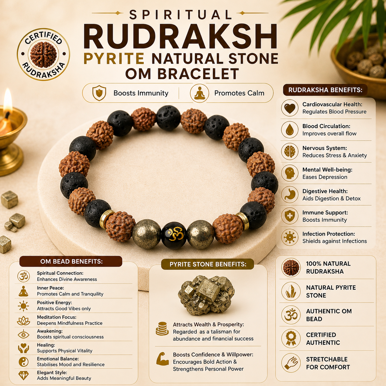 Spiritual Rudraksh Pyrite Natural Stone Om Bracelet