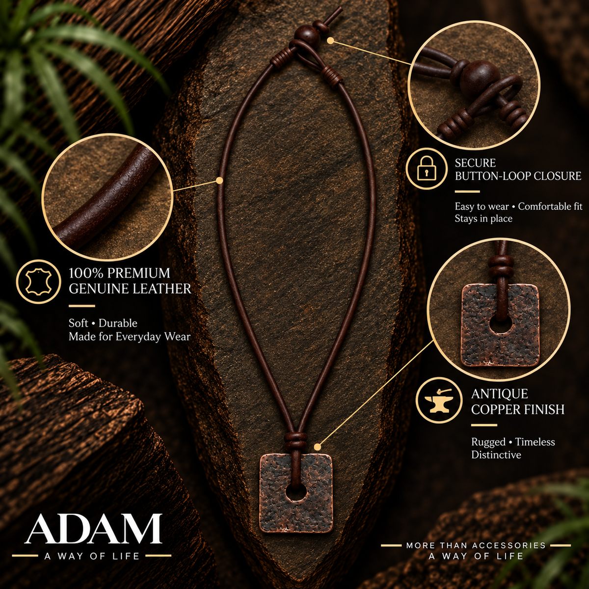 Square Pendant Leather Necklace for Men