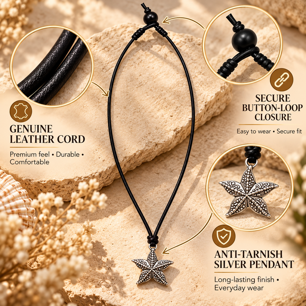 Starfish Pendant Leather Necklace for Women