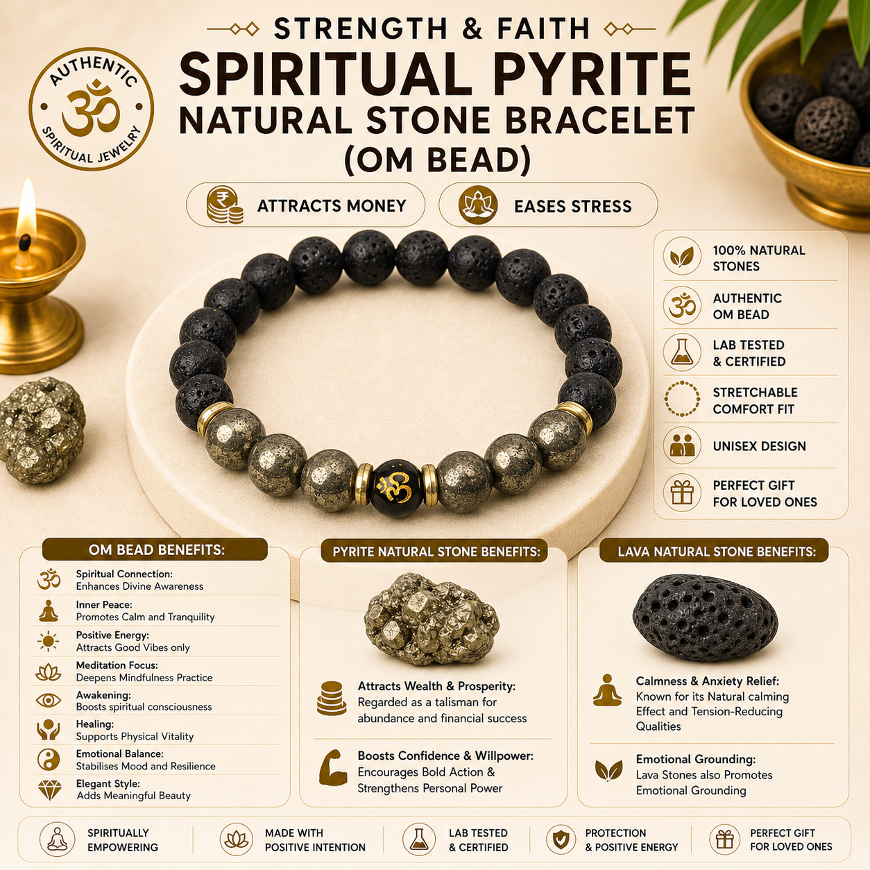 Strength & Faith Spiritual Pyrite Natural Stone Bracelet
