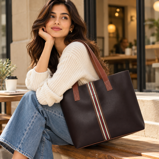 Stripe Accent Faux Leather Tote Bag