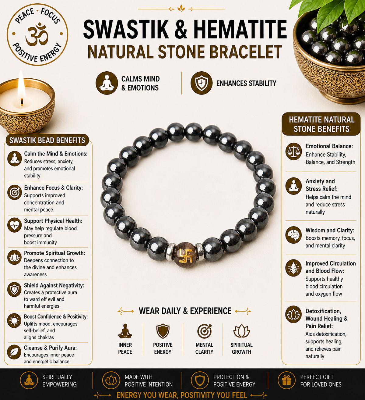 Swastik & Hematite Natural Stone Bracelet