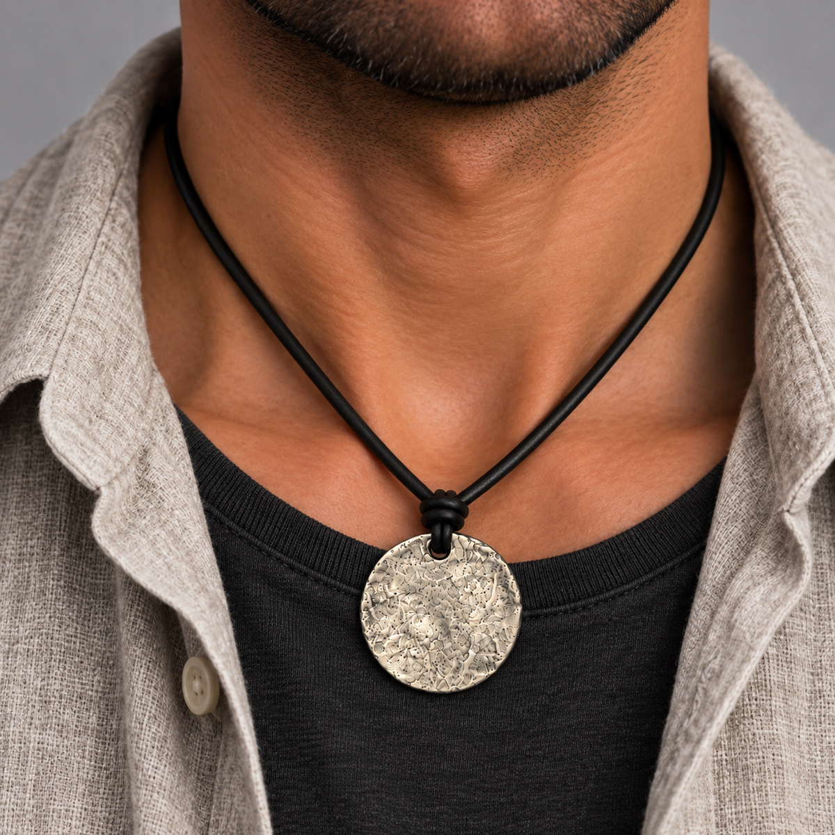 Textured Round Pendant Leather Necklace for Men
