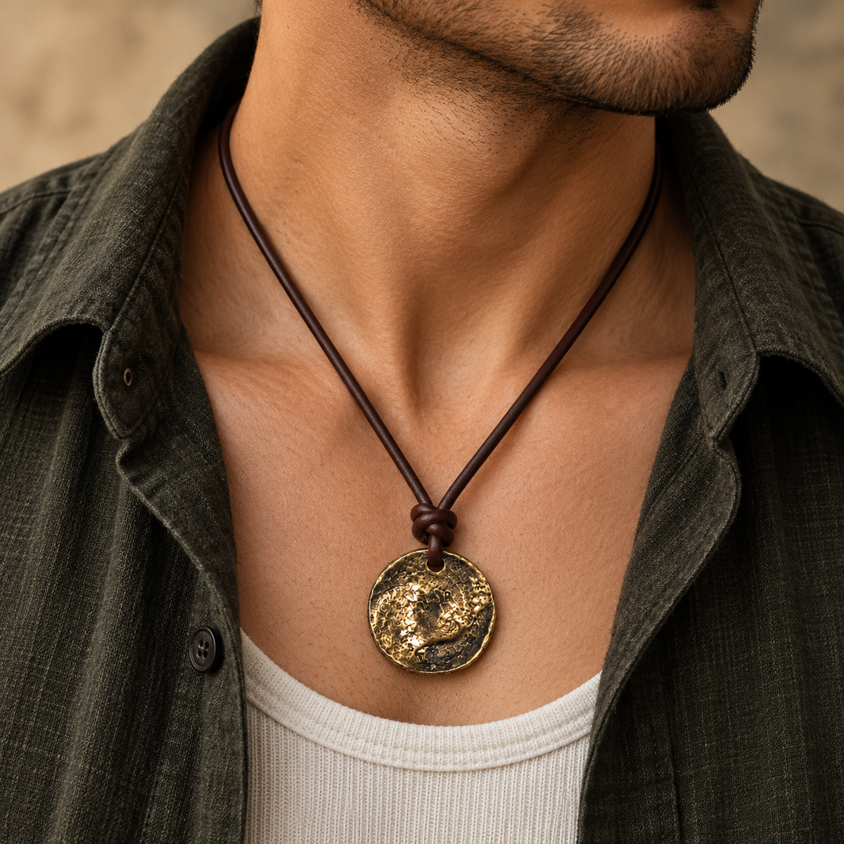 Textured Round Pendant Leather Necklace for Men