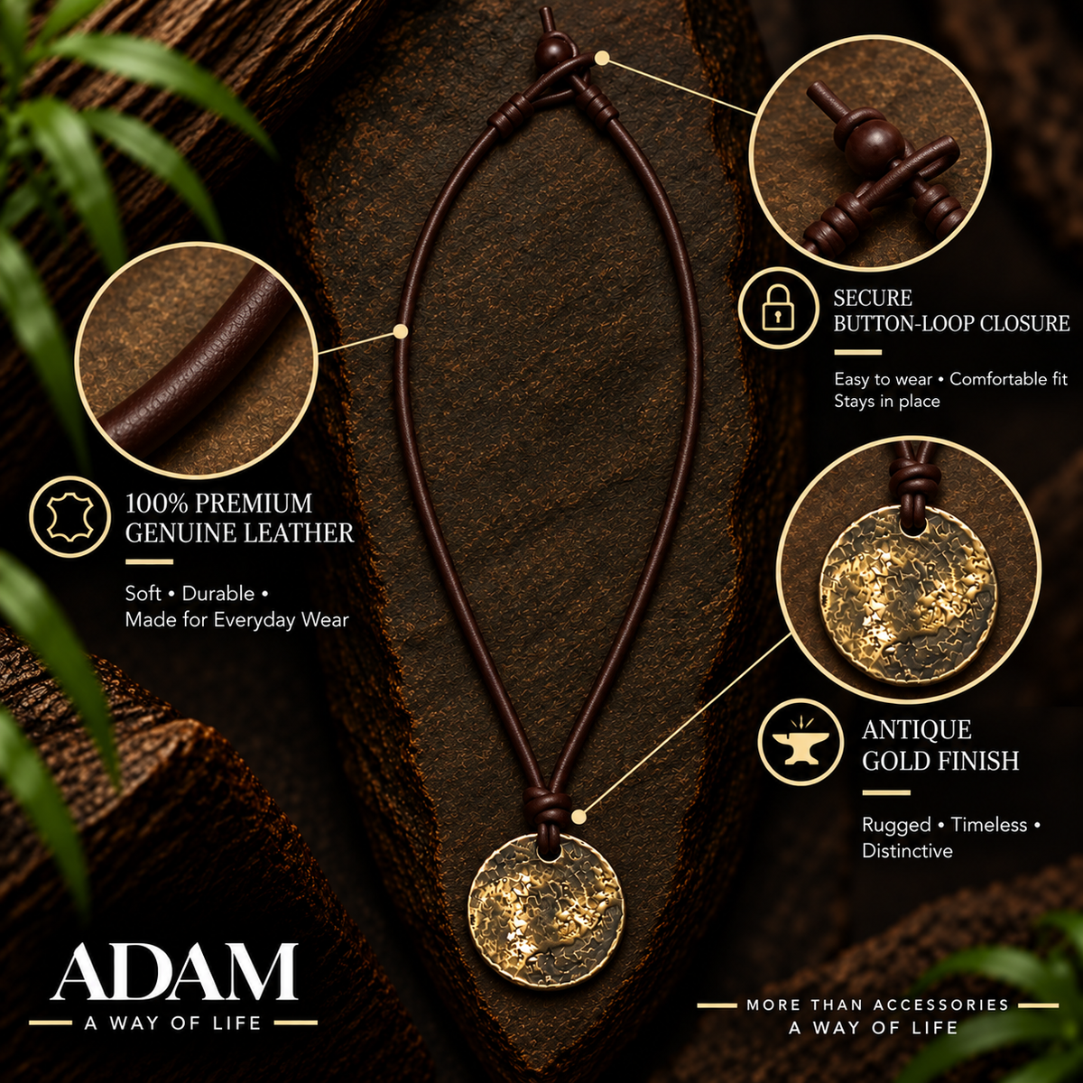 Textured Round Pendant Leather Necklace for Men