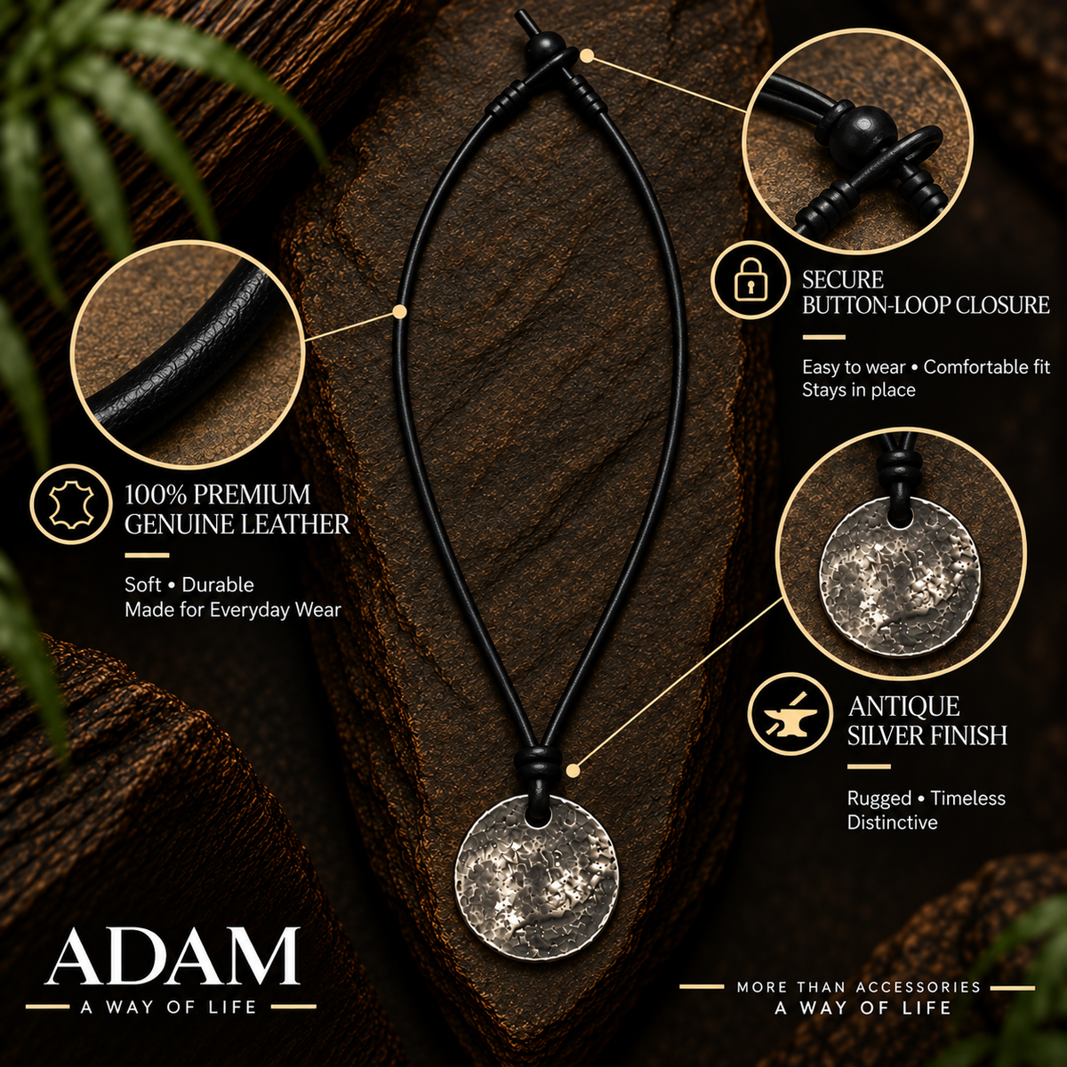 Textured Round Pendant Leather Necklace for Men