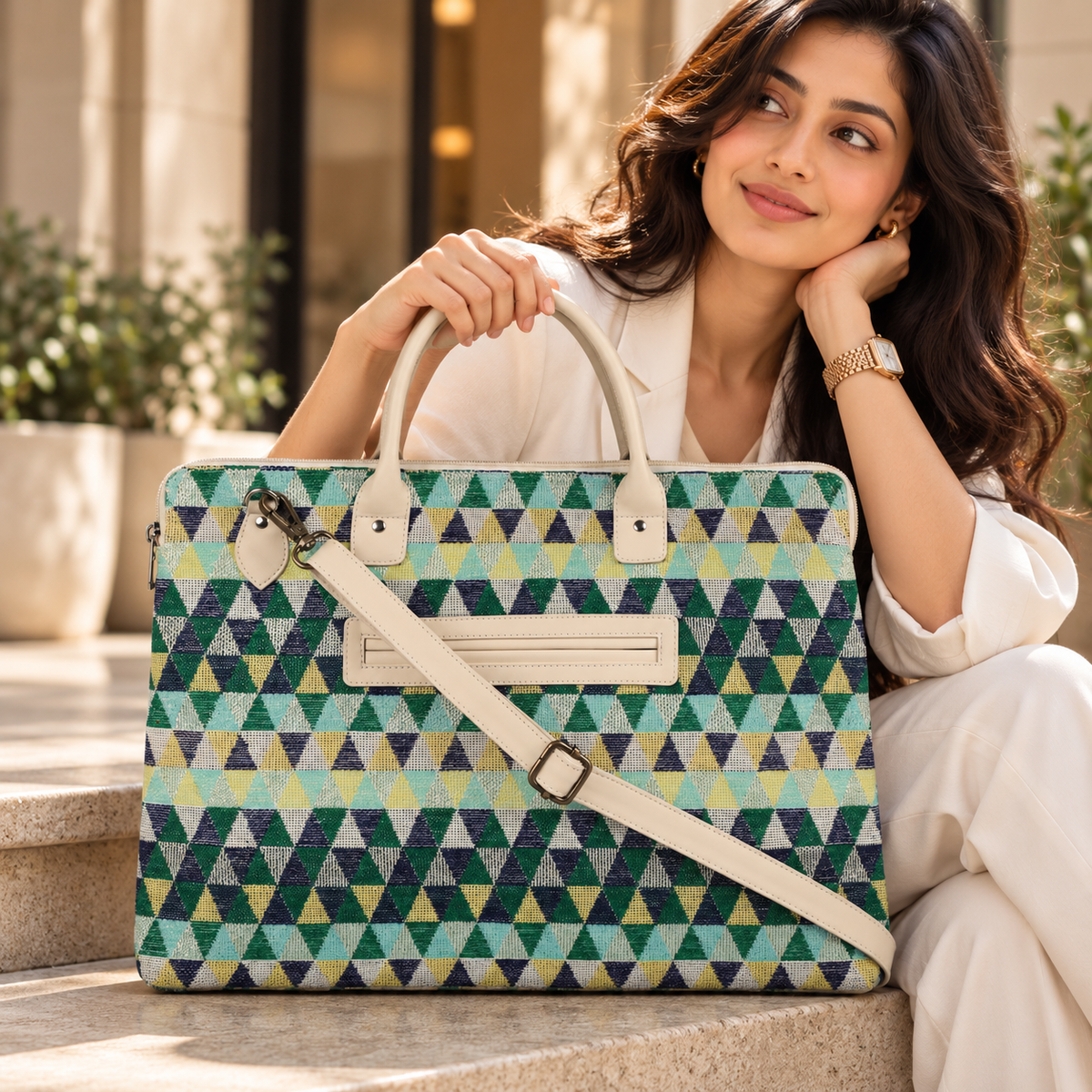 Laptop Bag for Women for 15.6 inch Laptop (Triangular Green)