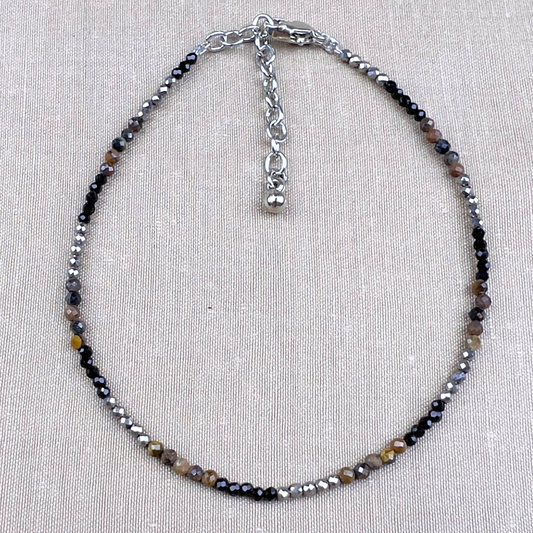 Triple Protection Anklet - Tiger Eye, Pyrite, Black Obsidian Natural Stone