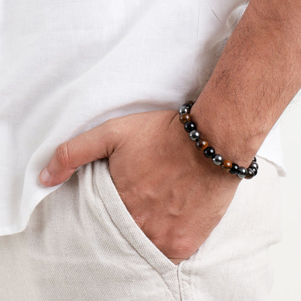 Triple Protection Bracelet - Tiger Eye, Hematite, Black Obsidian Natural Stone