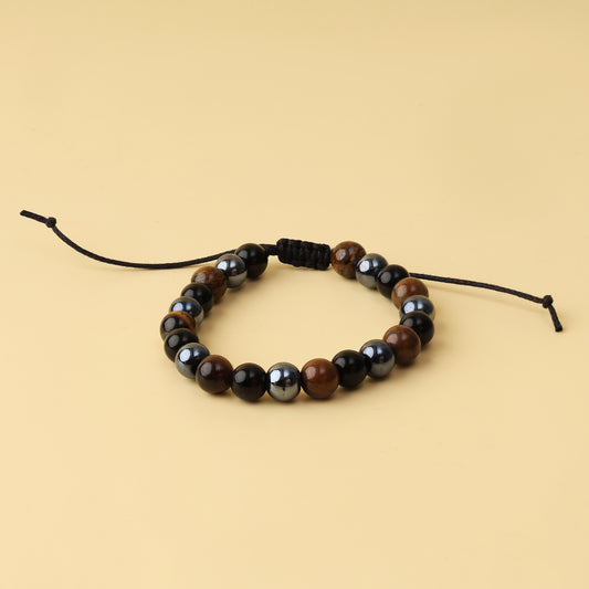 Triple Protection Adjustable Bracelet - Tiger Eye, Hematite, Black Obsidian Natural Stone