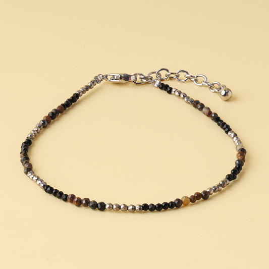 Triple Protection Anklet - Tiger Eye, Pyrite, Black Obsidian Natural Stone