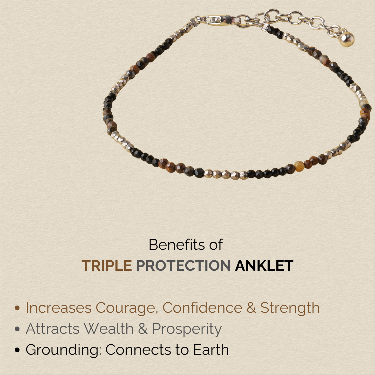 Triple Protection Anklet - Tiger Eye, Pyrite, Black Obsidian Natural Stone