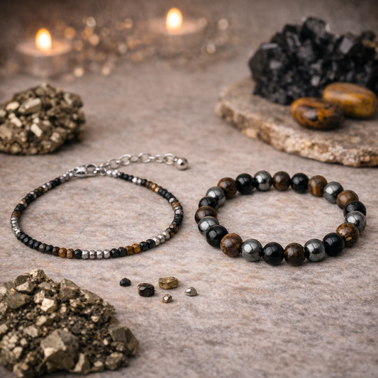 Triple Protection Bracelet & Anklet Combo – Tiger Eye, Pyrite & Obsidian