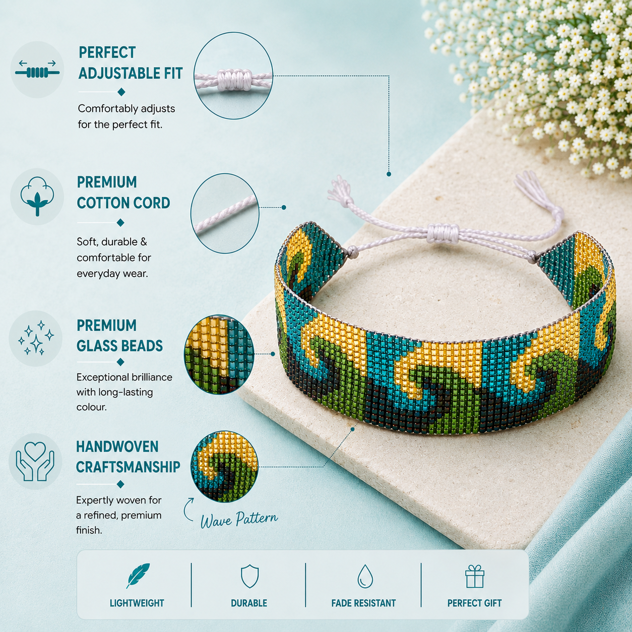 Wave Pattern Adjustable Beaded Bracelet for Women
