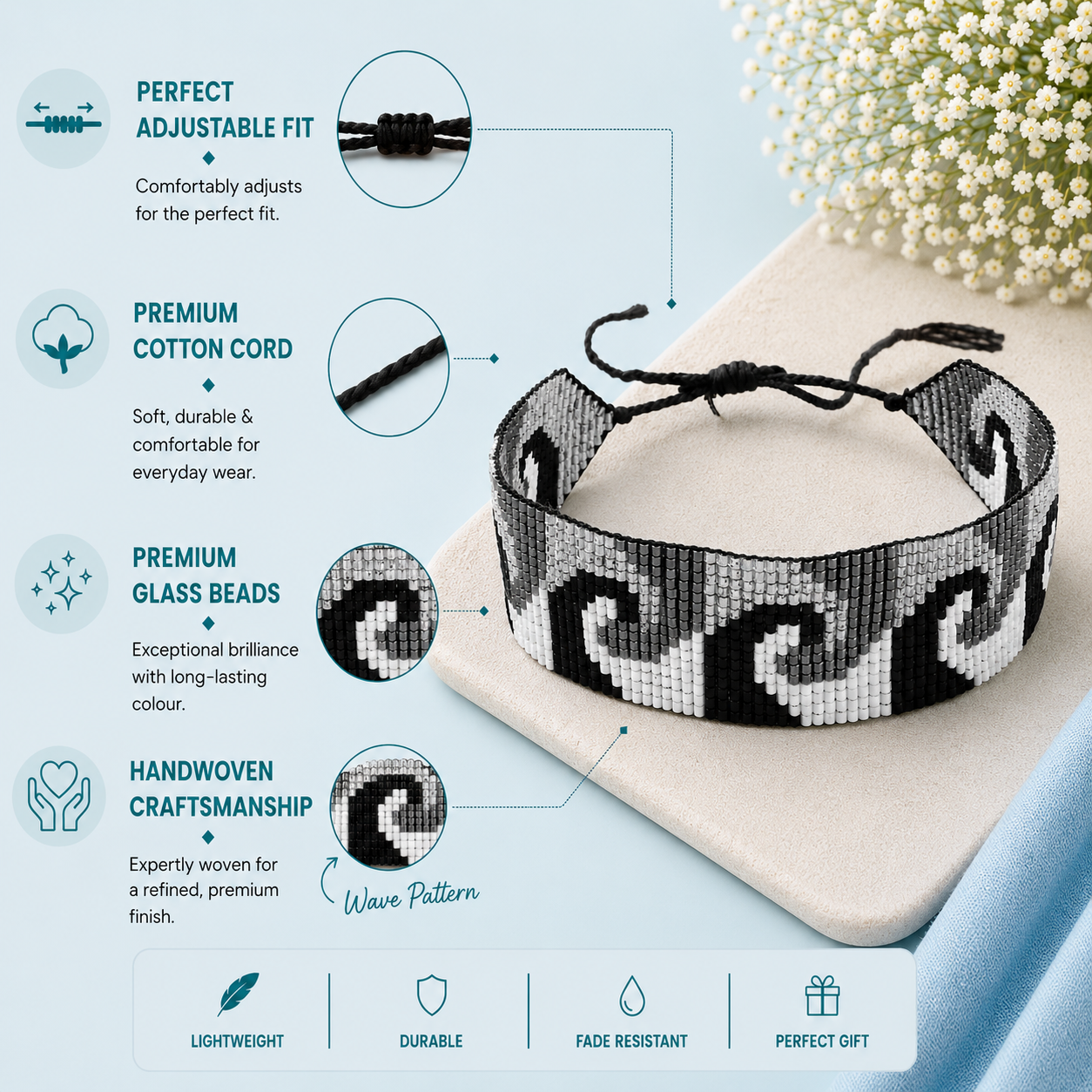 Wave Pattern Adjustable Beaded Bracelet for Women
