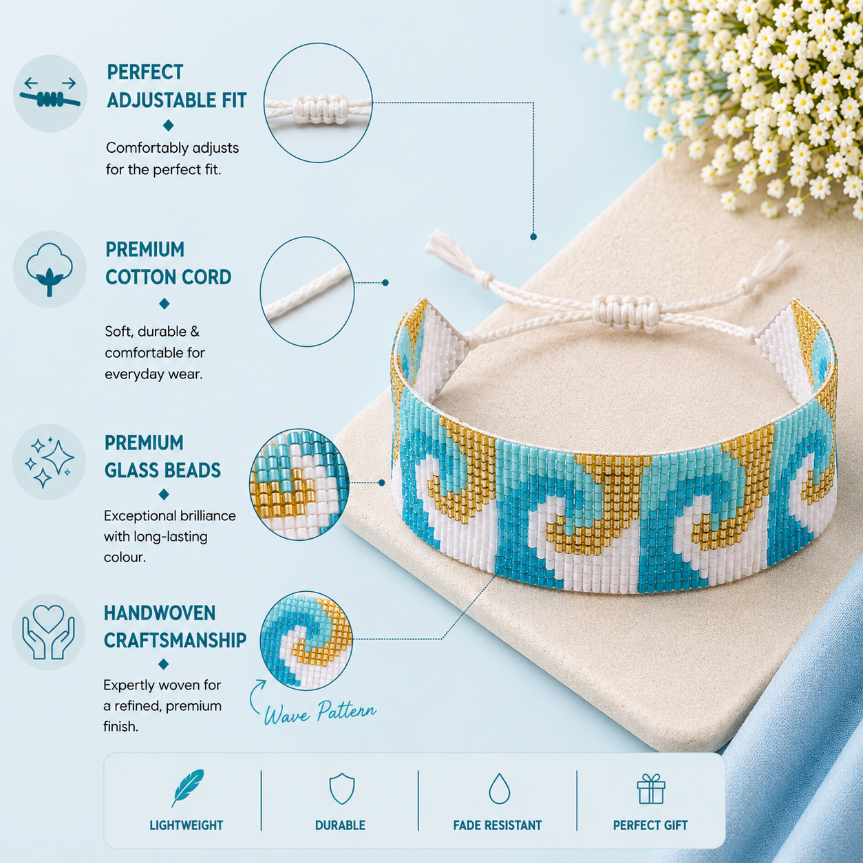 Wave Pattern Adjustable Beaded Bracelet for Women